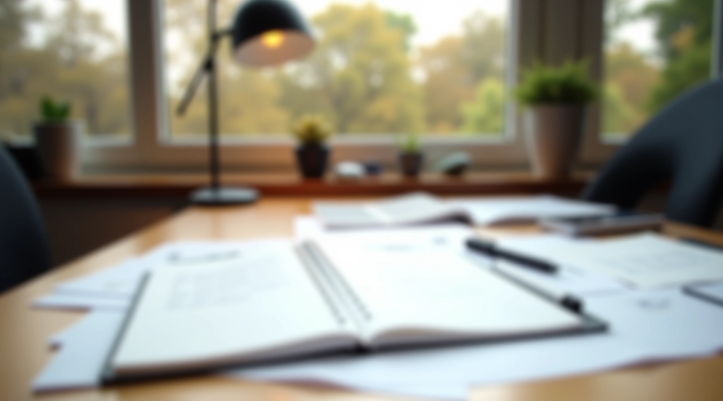 Professioneel bureau met projectplan en notities, sterke lamp en organisatie zichtbaar