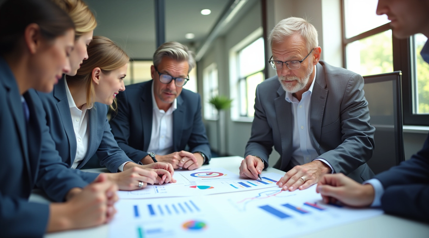 Professionele teamvergadering met projectplanningsmateriaal op tafel, modern kantoor, heldere verlichting